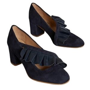 Anthropologie Kmb Navy Blue Suede Ruffle Heels Coquette Romantic Heels